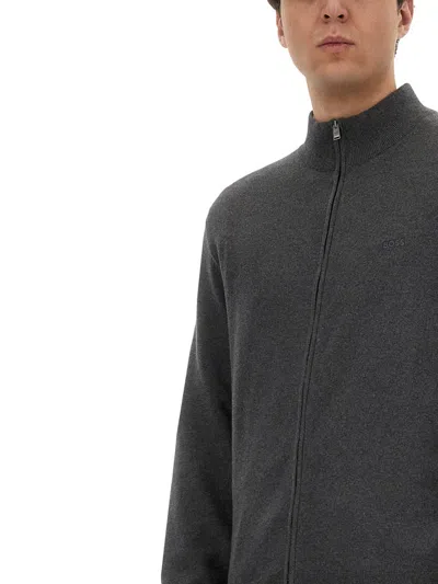Hugo Boss Zip Cotton Cardigan In Gray