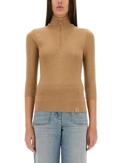 Victoria Beckham Zip Neck Ribbed Knitwear With 3/4 Sleeves