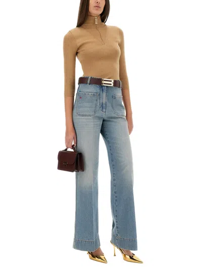 Victoria Beckham Zip Neck Ribbed Knitwear With 3/4 Sleeves