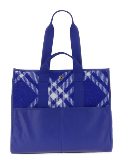Burberry Plaid Wool Shopper Bag In Blue