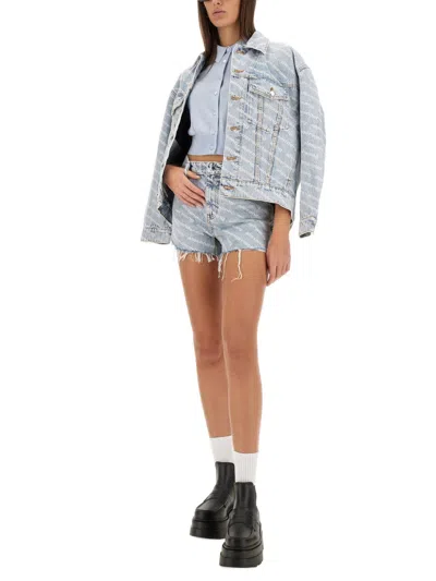 Alexander Wang All-over Logo Printed Denim Shorts Clothing In Blue