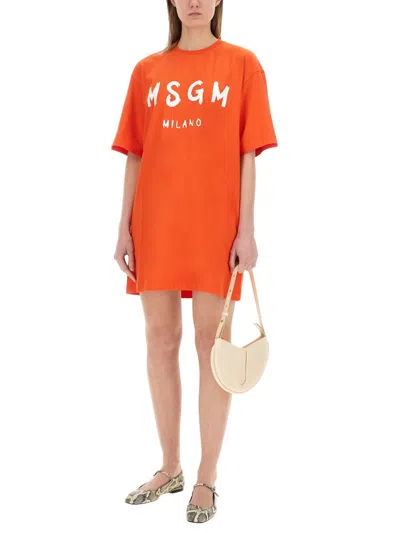 Msgm Logo Crew Neck Mini Dress In Red