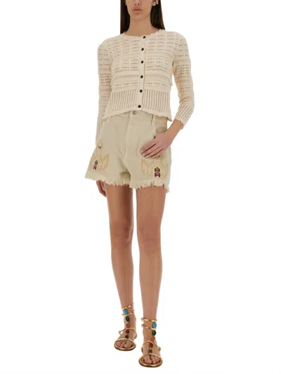 Isabel Marant Étoile Lesia Beige Shorts With Fringed Hem And Embroidered Motif In Denim Woman In Neutral