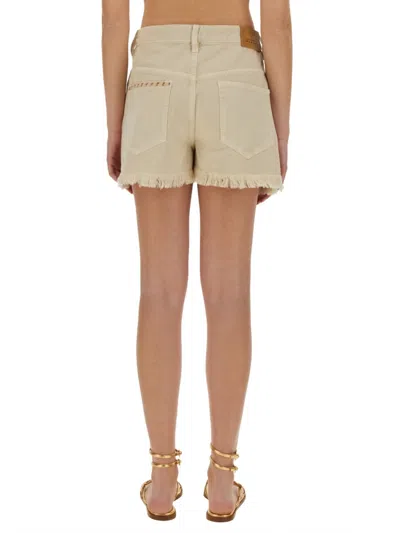 Isabel Marant Étoile Lesia Beige Shorts With Fringed Hem And Embroidered Motif In Denim Woman In Neutral