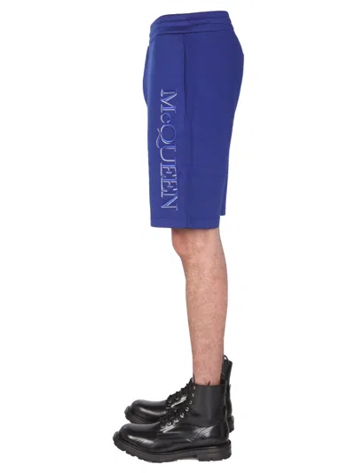 Alexander Mcqueen Men's Shorts With Embroidered Logo In Blue