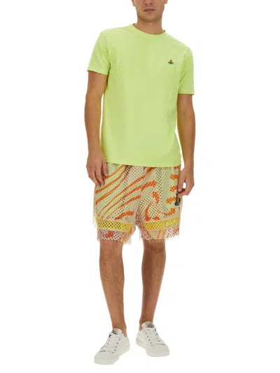 Vivienne Westwood Print Mesh Shorts With Fringed Hem In Green