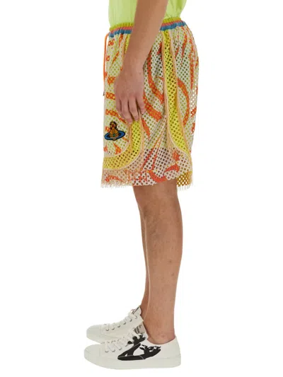 Vivienne Westwood Print Mesh Shorts With Fringed Hem In Green