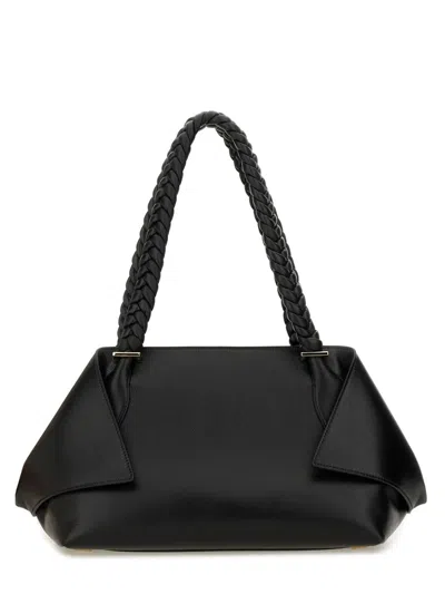 Ferragamo Structured Handbag With Braided Handle And Folded Accents In Black
