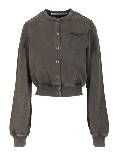 Alexander Wang Shrunken Snap Cardigan Crewneck Sweatshirts Black In Gray