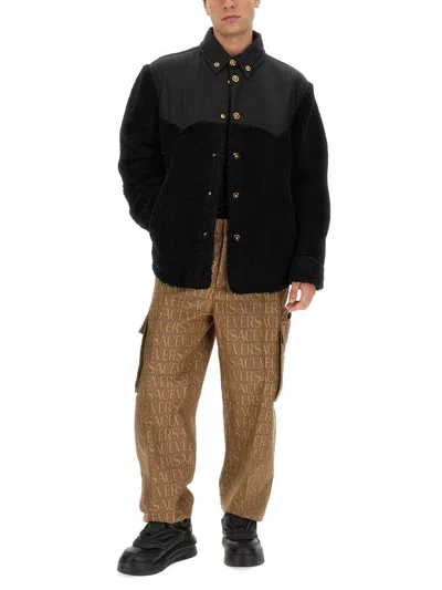 Versace Faux Shearling And Technical Jacquard Jacket In Black