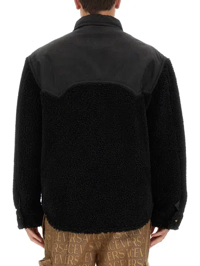 Versace Faux Shearling And Technical Jacquard Jacket In Black