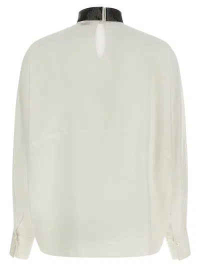 Brunello Cucinelli Silk Blouse With High Collar And Keyhole Back In White