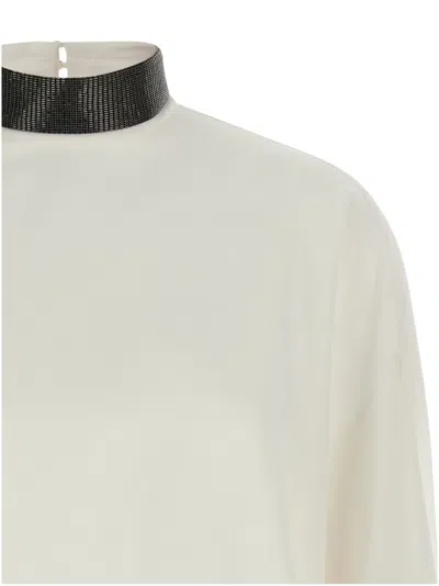 Brunello Cucinelli Silk Blouse With High Collar And Keyhole Back In White