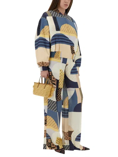 Fendi Silk Bomber Jacket With Patchwork Print In Gold