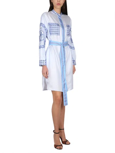 Burberry Checkered Silk Chemisier Dress With Belted Waist And Long Sleeves In Blue