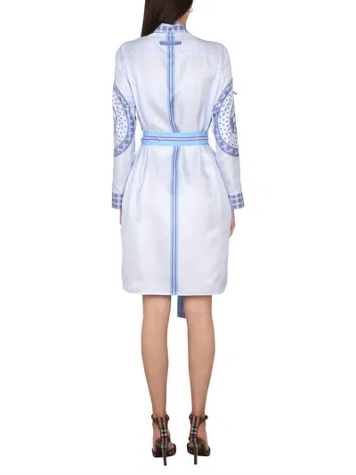 Burberry Checkered Silk Chemisier Dress With Belted Waist And Long Sleeves In Blue