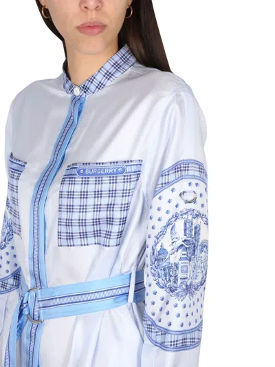 Burberry Checkered Silk Chemisier Dress With Belted Waist And Long Sleeves In Blue