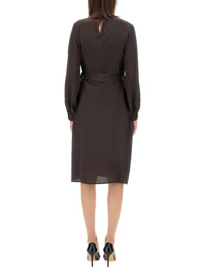 Kiton Silk Dress With Buttoned Cuffs And Waist Tie In Brown