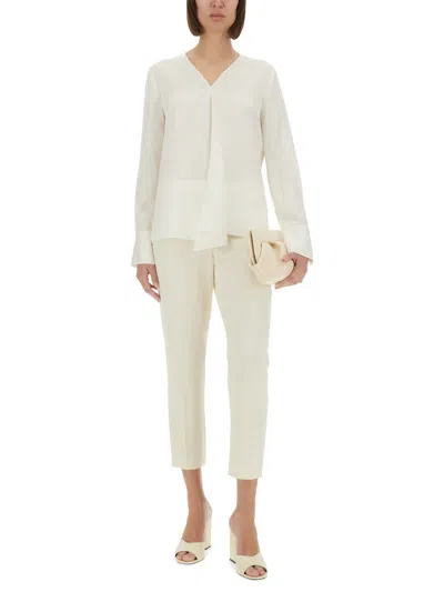 Theory Silk Blouse With Buttoned Cuffs And V-neckline In Neutral