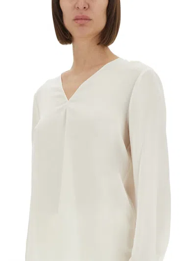 Theory Silk Blouse With Buttoned Cuffs And V-neckline In Neutral