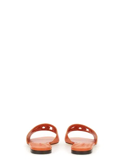 Dolce & Gabbana Slide Sandals In Orange Leather With Logo