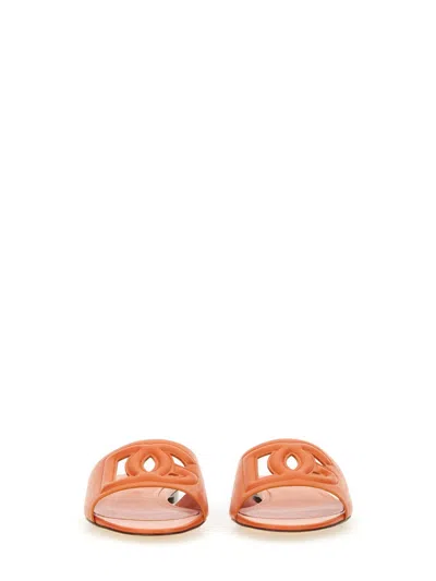 Dolce & Gabbana Slide Sandals In Orange Leather With Logo