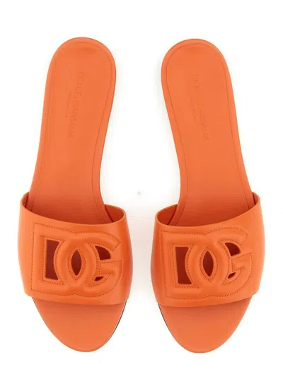 Dolce & Gabbana Slide Sandals In Orange Leather With Logo