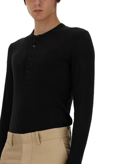 Tom Ford Long-sleeved Henley Top With Buttoned Placket And Fitted Silhouette In Black