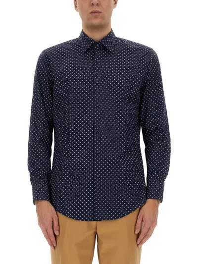 Hugo Boss Slim-fit Shirt In Geometric-print Performance-stretch Fabric In Blue