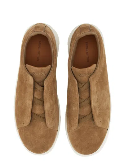 Zegna Camel Suede Triple Stick Sneakers In Multi