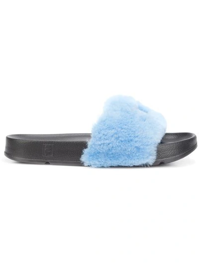 Baja East Blue Fila Edition Shearling Drifter Slides In Malibu Blue