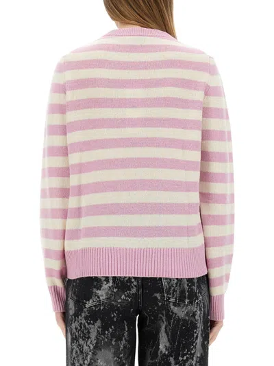 Ganni Striped Graphic Wool Mix Bunny Crewneck In Multi