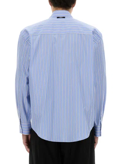 Msgm Light Blue Shirt With All-over Striped Motif And Logo On The Front In White
