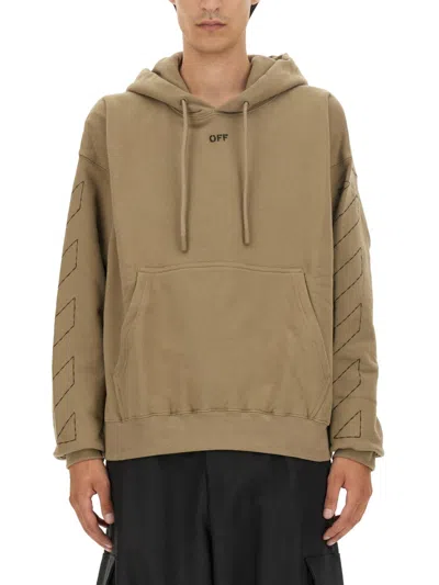 Off-white Oversized Sweatshirt With Arrow Embroidery And Hood In Brown
