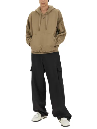 Off-white Oversized Sweatshirt With Arrow Embroidery And Hood In Brown