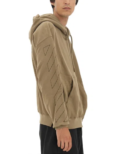 Off-white Oversized Sweatshirt With Arrow Embroidery And Hood In Brown