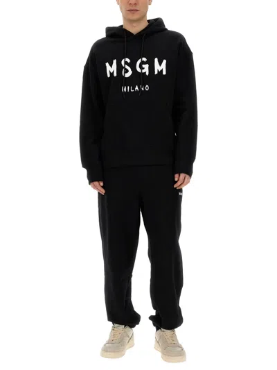 Msgm Logo Print Cotton Hoodie In Black