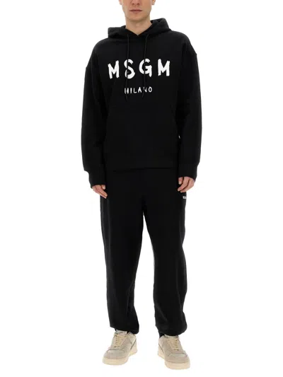 Msgm Logo Print Cotton Hoodie In Black