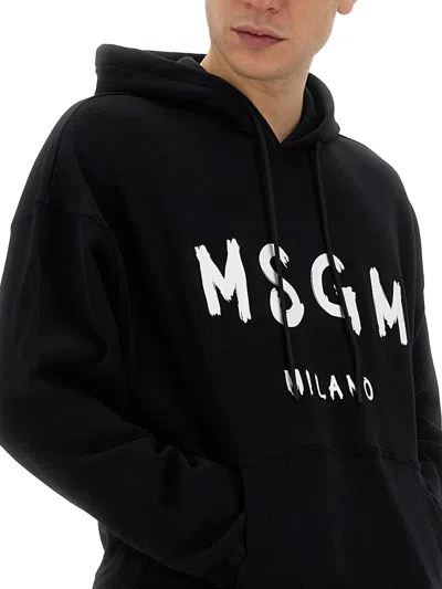 Msgm Logo Print Cotton Hoodie In Black