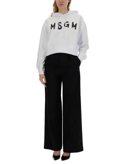 Msgm Cropped White Sweatshirt With Contrasting Logo In White