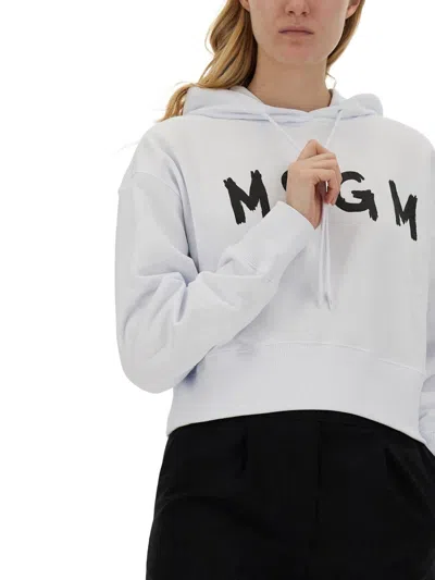 Msgm Cropped White Sweatshirt With Contrasting Logo In White