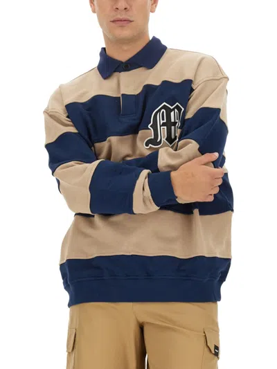 Msgm Logo Striped Polo Collar Sweatshirt In Multi
