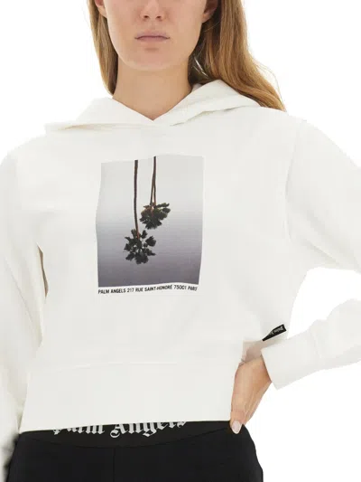 Palm Angels White Cropped Hoodie And Contrasting Print In White