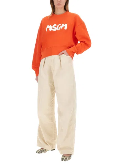 Msgm Logo Printed Crewneck Sweatshirt In Orange