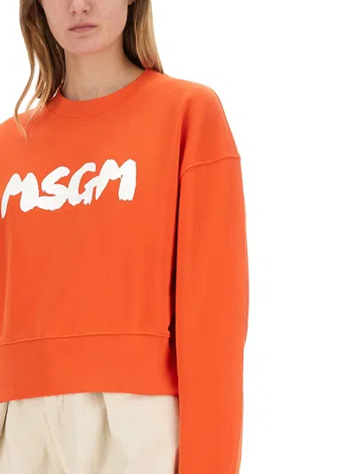 Msgm Logo Printed Crewneck Sweatshirt In Orange