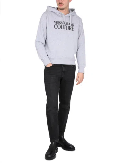 Versace Jeans Couture Cross-neck Grey Sweatshirt With Bold Logo Design In Purple