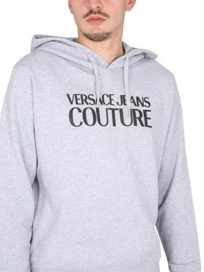 Versace Jeans Couture Cross-neck Grey Sweatshirt With Bold Logo Design In Purple