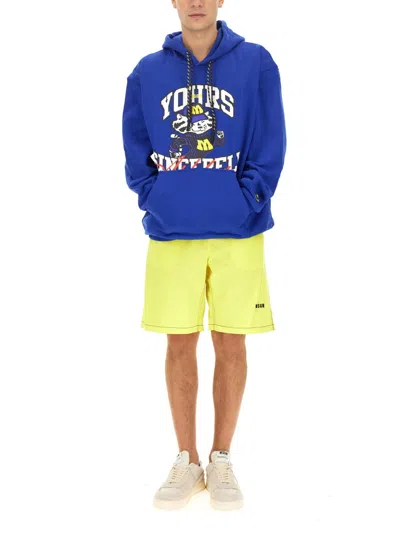 Msgm Graphic Print Hooded Sweatshirt With Kangaroo Pocket In Blue