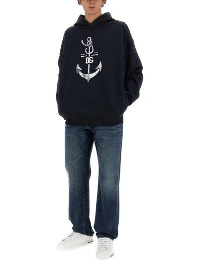 Dolce & Gabbana Printed Washed Cotton Jersey Hoodie In Blue