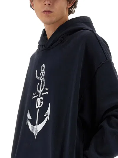 Dolce & Gabbana Printed Washed Cotton Jersey Hoodie In Blue